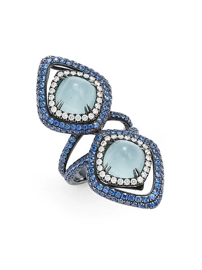 Sara Weinstock One Of A Kind 18k White Gold, Aquamarine, Blue Sapphire & Diamond Double Shank Ring