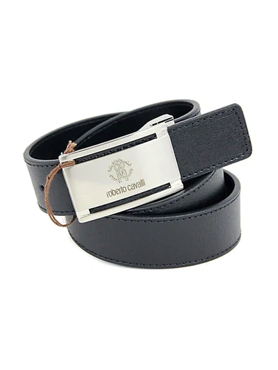 Roberto Cavalli Logo Buckle Saffiano Leather Belt In Black