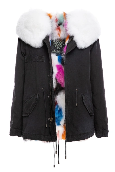 Mr & Mrs Italy Jazzy Mini Parka With Multicolor Fur Lining In Black / Multicolor White / White
