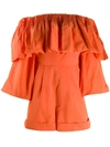 VALENTINO ORANGE OFF-SHOULDER RUFFLE PLAYSUIT,TB0VE1B04H2