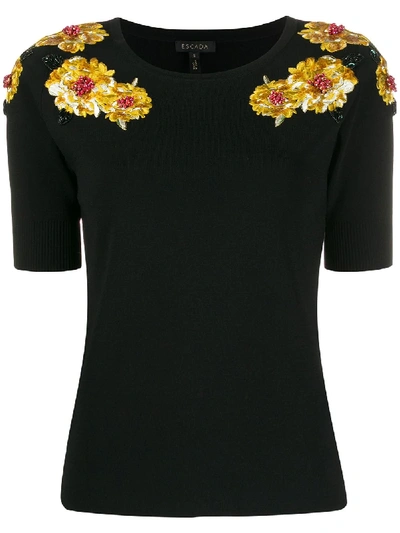 Escada Floral Embellished Shortsleeved Knitted Top In Black