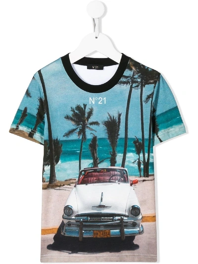 N°21 Kids' Car Print Cotton T-shirt In Blue