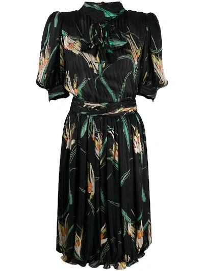 Pre-owned Valentino 1980's Floral-print Pleated Dress In Black