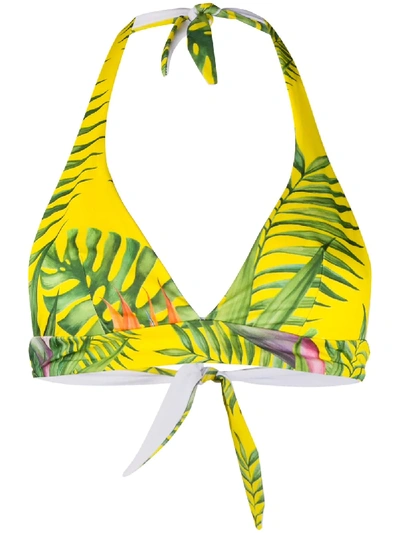 Mc2 Saint Barth Leaf Print Triangle Bikini Top In Yellow