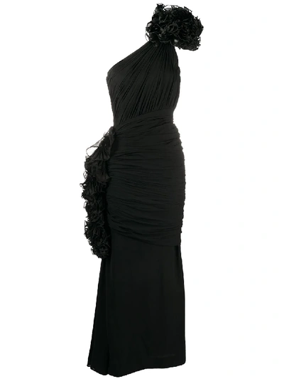 Pre-owned Valentino 1988 One-shouldered Ruffle-detail Dress In Black