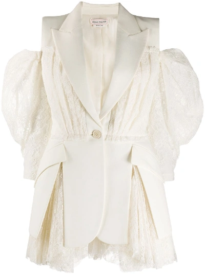 Alexander Mcqueen Pleated Crepe And Corded Lace Blazer In White