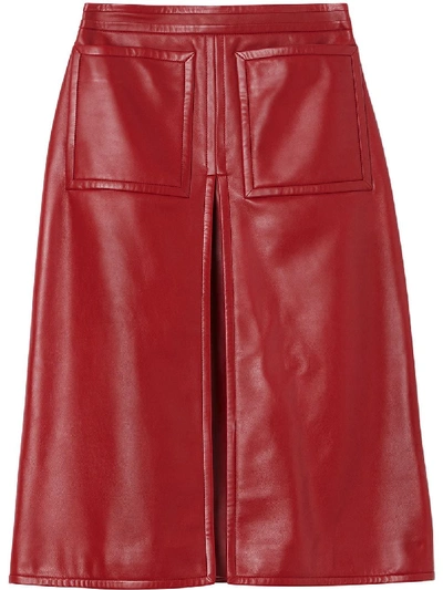 Burberry Box-pleat Detail Leather A-line Skirt In Dark Carmine