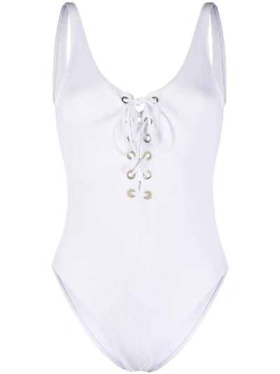 Mc2 Saint Barth Lace-up Front Swimsuit In White