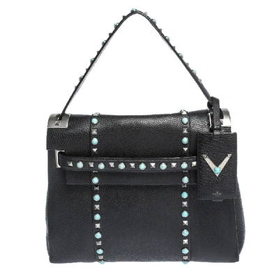 Pre-owned Valentino Garavani Black Leather My Rolling Rockstud Top Handle Bag