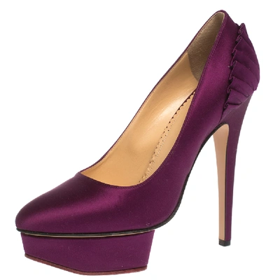 Pre-owned Charlotte Olympia Purple Satin Paloma Fan Pleat Platform Pumps Size 38