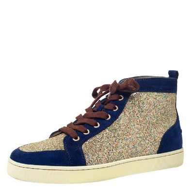 Pre-owned Christian Louboutin Blue/gold Suede And Glitter Orlato High Top Sneakers Size 40
