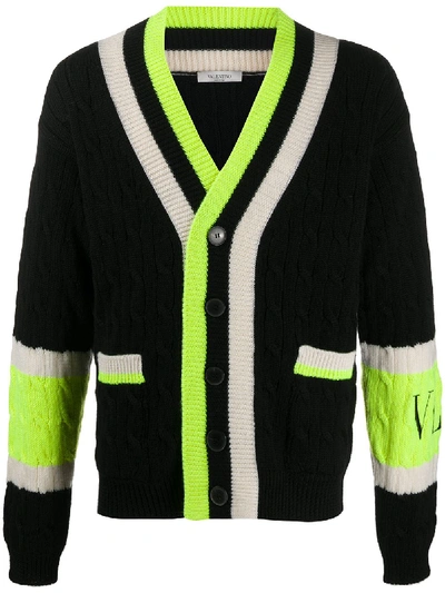 Valentino Colour-block Cable Knit Cardigan In Black