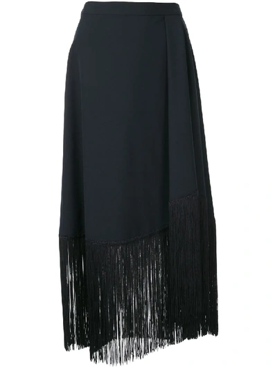 Rokh Fringed Nylon Knit Midi Skirt In Navy Mesh