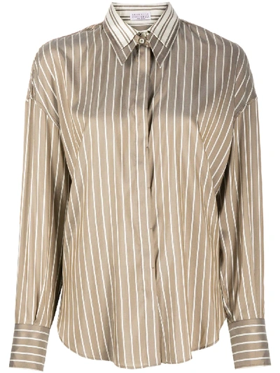 Brunello Cucinelli Double-collar Striped Shirt In Brown