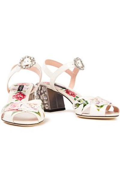 Dolce & Gabbana Embellished Floral-print Smooth And Patent-leather Sandals In Pink