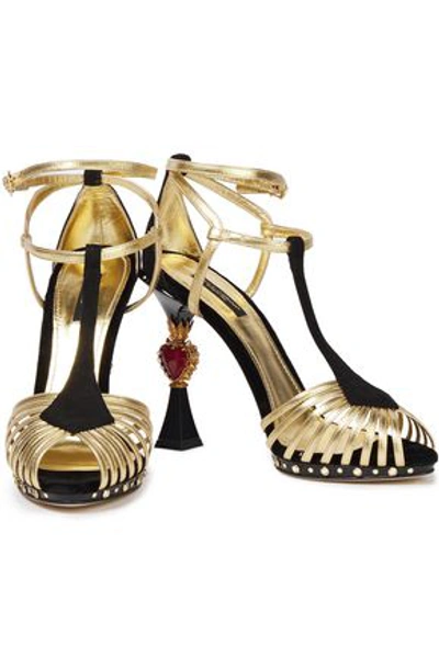 Dolce & Gabbana Embellished Metallic Leather And Velvet Sandals In Black