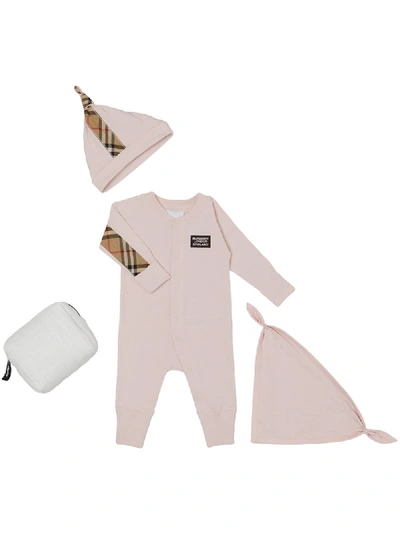 Burberry Check Trim Organic Cotton Three-piece Baby Gift Set In Pink