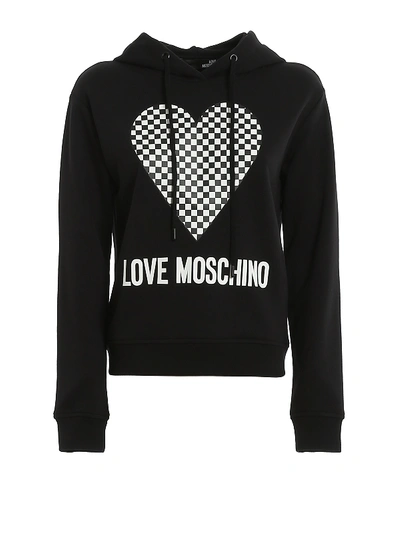 Love Moschino Chess Heart Cotton Hoodie In Black