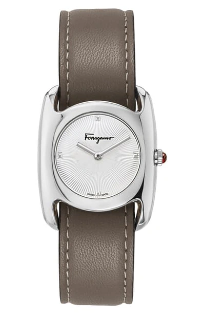 Ferragamo Salvatore Feragamo Vara Leather Strap Watch, 28mm X 34mm In Brown/ White Guilloche/ Silver