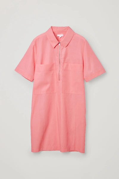 cos pink shirt dress Cos Zip-up Cotton Cupro Shirt Dress In Pink