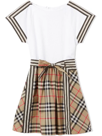 Burberry Kids' Rhonda Check & Stripe Cotton Dress In Beige