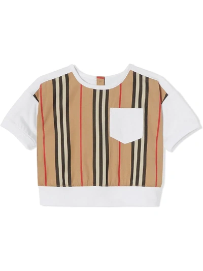 Burberry Babies' Icon Stripe 拼接t恤 In Bianco
