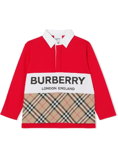 Burberry Kids' Quentin Logo Check Cotton Pique Polo In Red