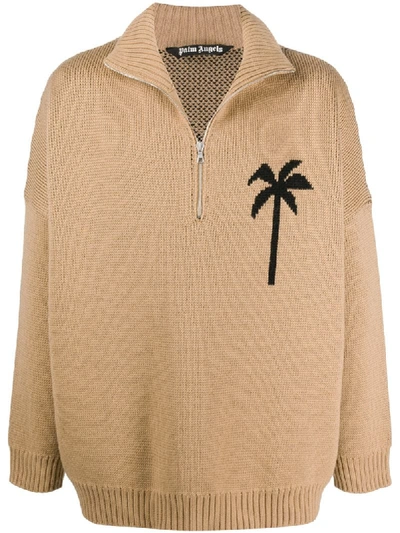 Palm Angels Tan Wool Zipped Palm Tree Turtleneck In Brown