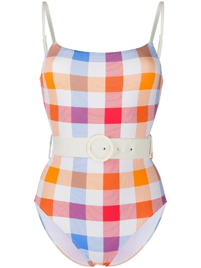 Solid & Striped Check Print Belted Swimsuit In Orange