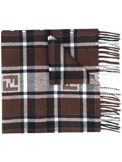 Fendi Ff Logo Check Wool And Angora Scarf In Brown