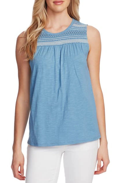 Vince Camuto Embroidered Yoke Sleeveless Cotton Blend Top In Rapture Blue