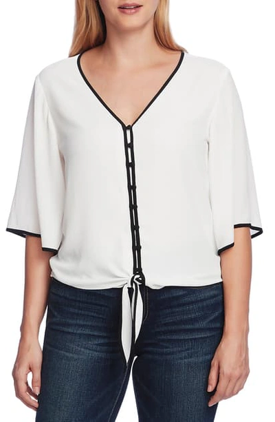 Vince Camuto Women's Bell Sleeve Tie Front Blouse With Contrast Piping In New Ivory