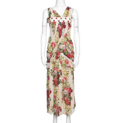 Pre-owned Kenzo Beige Polka Textured Floral Print Silk Draped Maxi Dress S