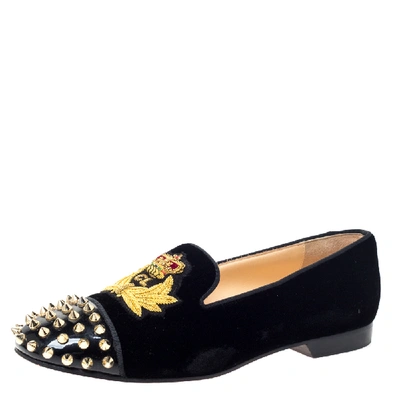 Pre-owned Christian Louboutin Black Velvet And Patent Spiked Cap Toe Harvanana Smoking Slippers Size 37.5
