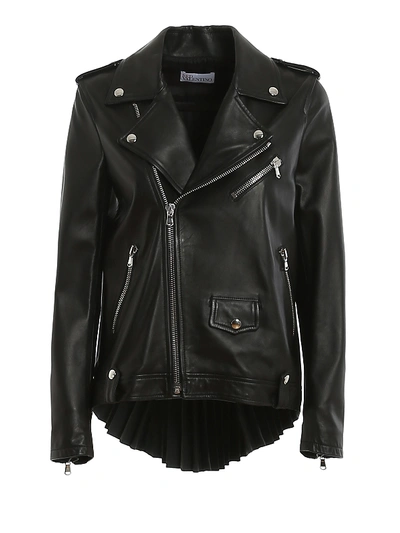 Red Valentino Leather Pleated Back Moto Jacket In Black