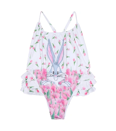 Monnalisa Kids' Bugs Bunny Print Ruffled Swimsuit In Unica