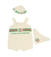 GUCCI BABY COTTON PLAYSUIT, HAT AND BIB SET,P00437128
