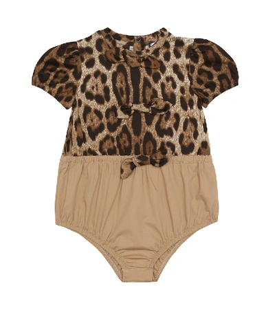 Dolce & Gabbana Babies' Romper Suit In Poplin And Jersey With Leopard Print In Multicolored