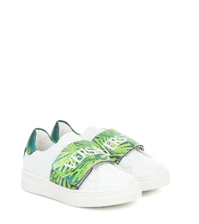 Versace Kids' “jungle”logo皮革粘扣运动鞋 In White