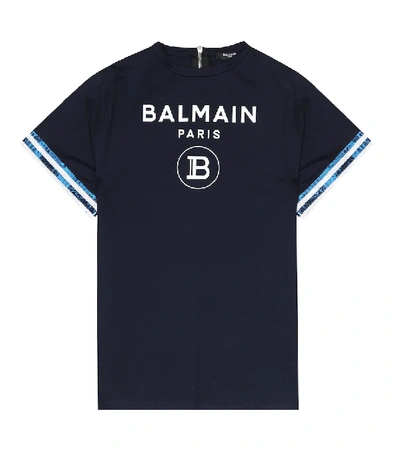 Balmain Kids' Logo Printed Cotton Jersey Dress In Blue