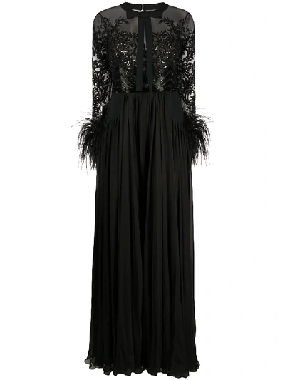 Zuhair Murad Feather-cuff Slit-hem Gown In Black