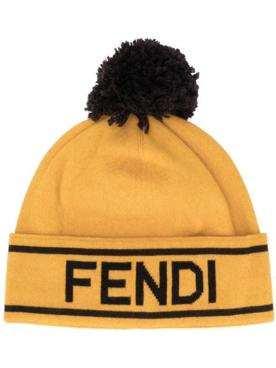Fendi Logo Motif Pom-pom Beanie In Yellow
