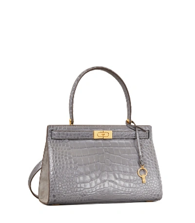 Tory Burch Lee Radziwill Croc Embossed Small Leather Satchel In Zinc
