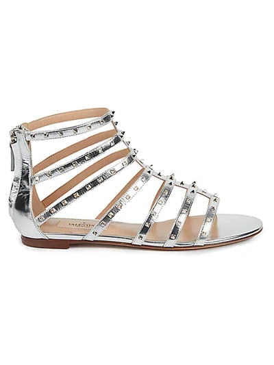 Valentino Garavani Rockstud Metallic-leather Gladiator Sandals In Silver