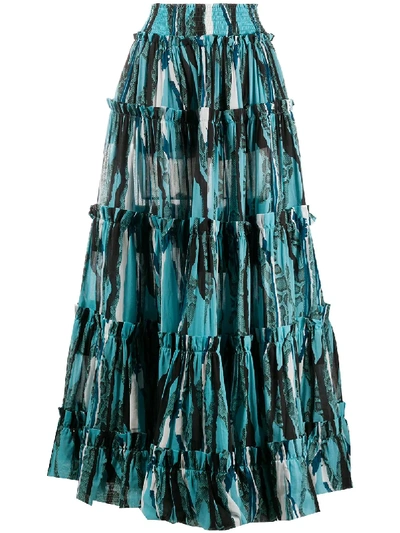 Roberto Cavalli Snake Print Long Tiered Skirt In Blue