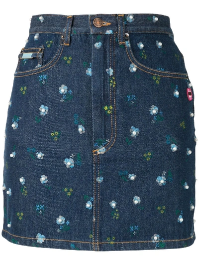 The Marc Jacobs Pearl-embellished Denim Skirt In Blue