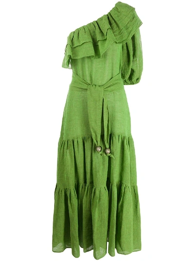 Lisa Marie Fernandez Arden Ruffled One-sleeve Organic Linen-blend Gauze Maxi Dress In Green