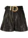 Balmain Black Leather High Waist Belted Shorts In Black