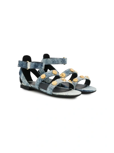 Young Versace Kids' Studded Denim Sandals In Blue