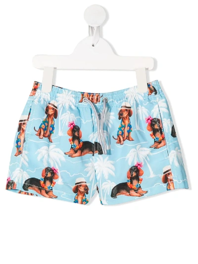 Mc2 Saint Barth Kids' Hawaii Dogs Swim Shorts In Blue